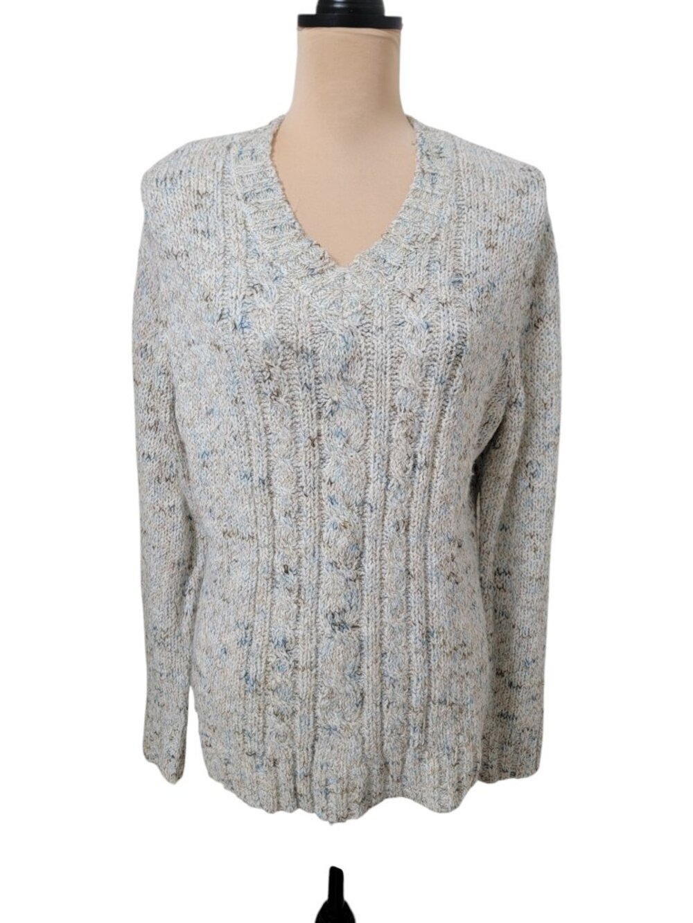 Croft & Barrow Size L White, Blue & Brown Marled V-Neck Cable Knit Sweater